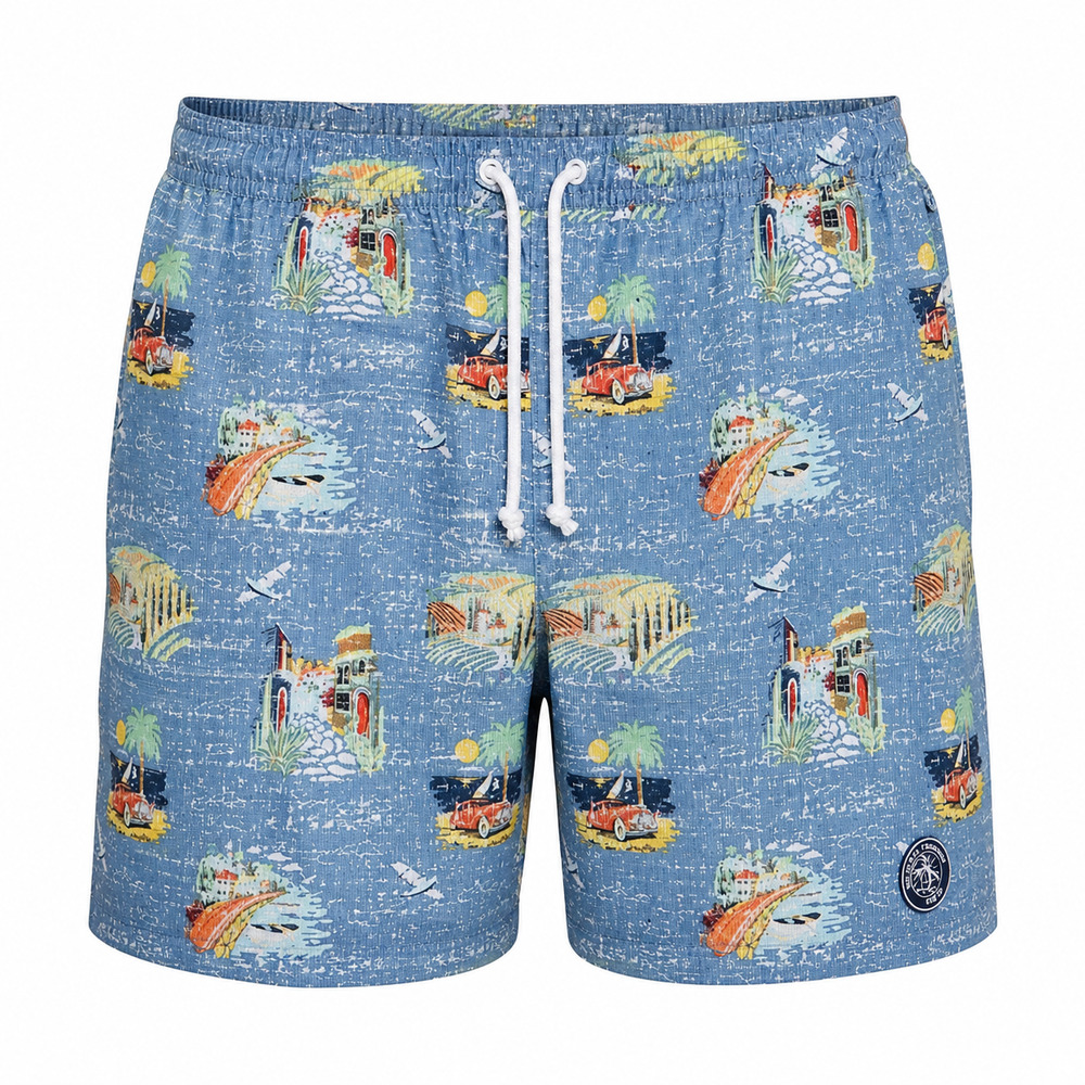 Men’s Tropical Swim Trunks Blue Elastic Waist Lined Beach Vacation Pockets Large